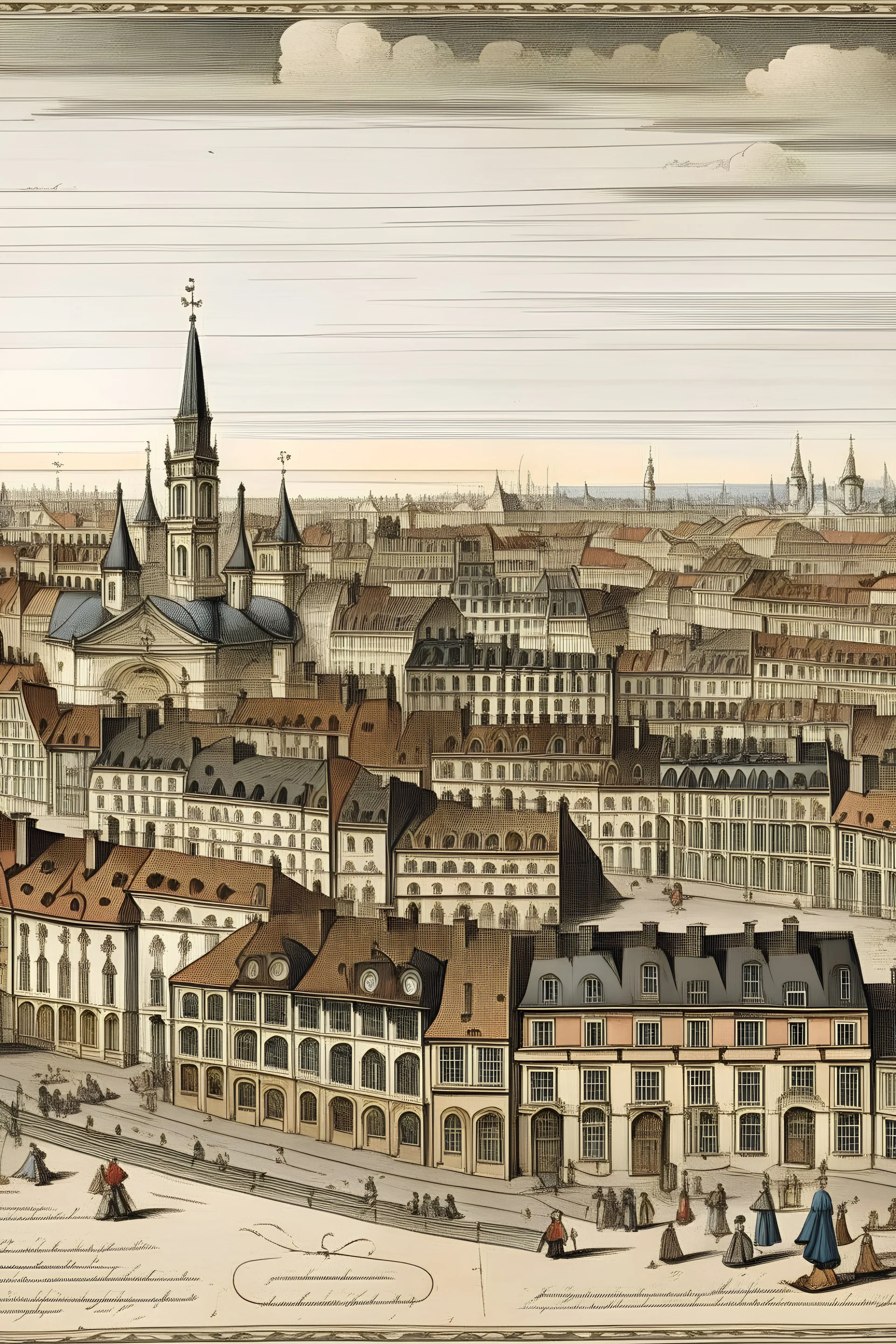 Panorama of a large town, with a town hall, a church, shops and historic tenement houses