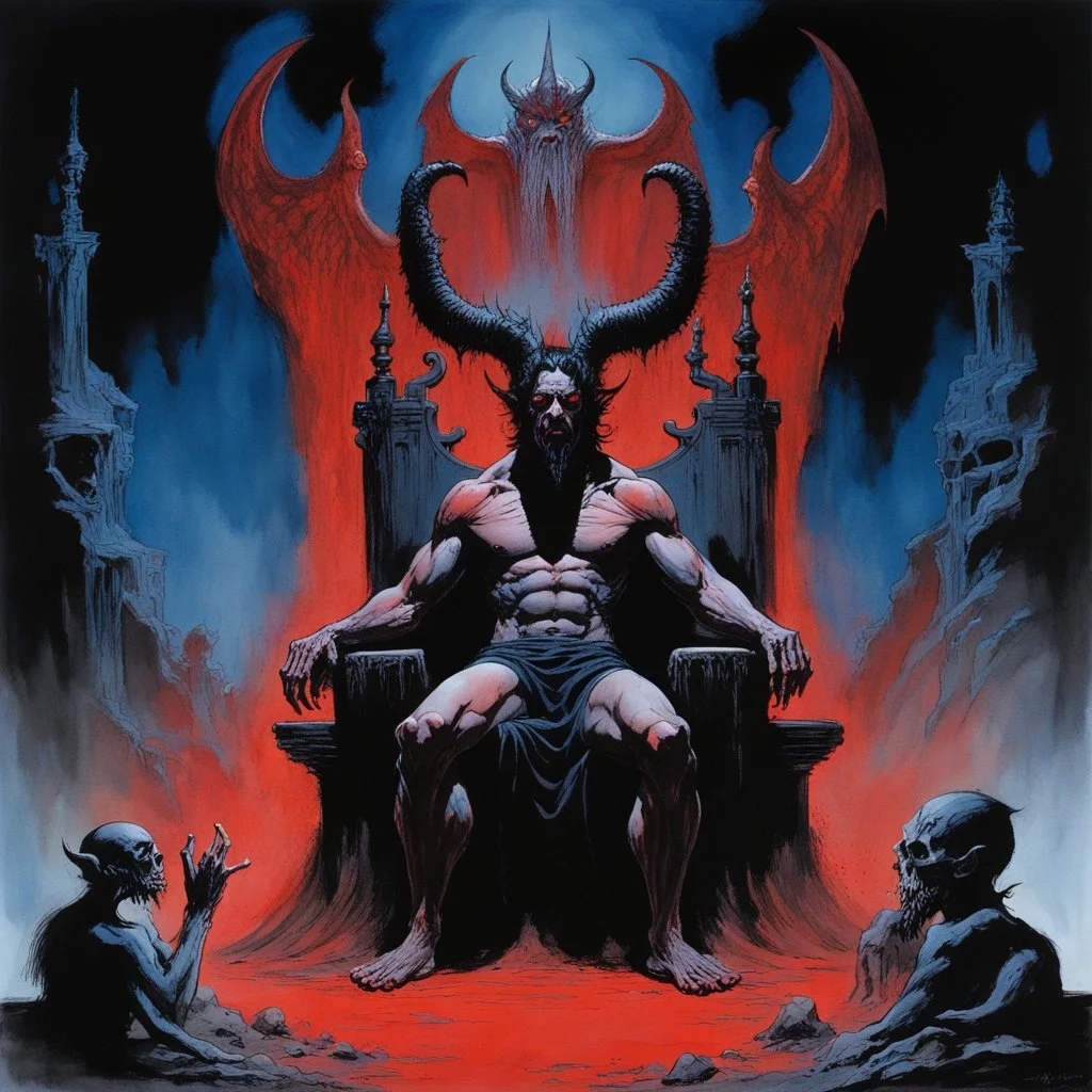 dramatic horror poster watercolor and ink, High Devil Baal sitting on a throne in hell, black and red with subtle blue undertones, Eldritch Principles, bizarre composition, dark uv light, by Frank Frazetta and Michael Whelan, concept art, sfumato, 16k, dynamic unbalanced composition, asymmetrical