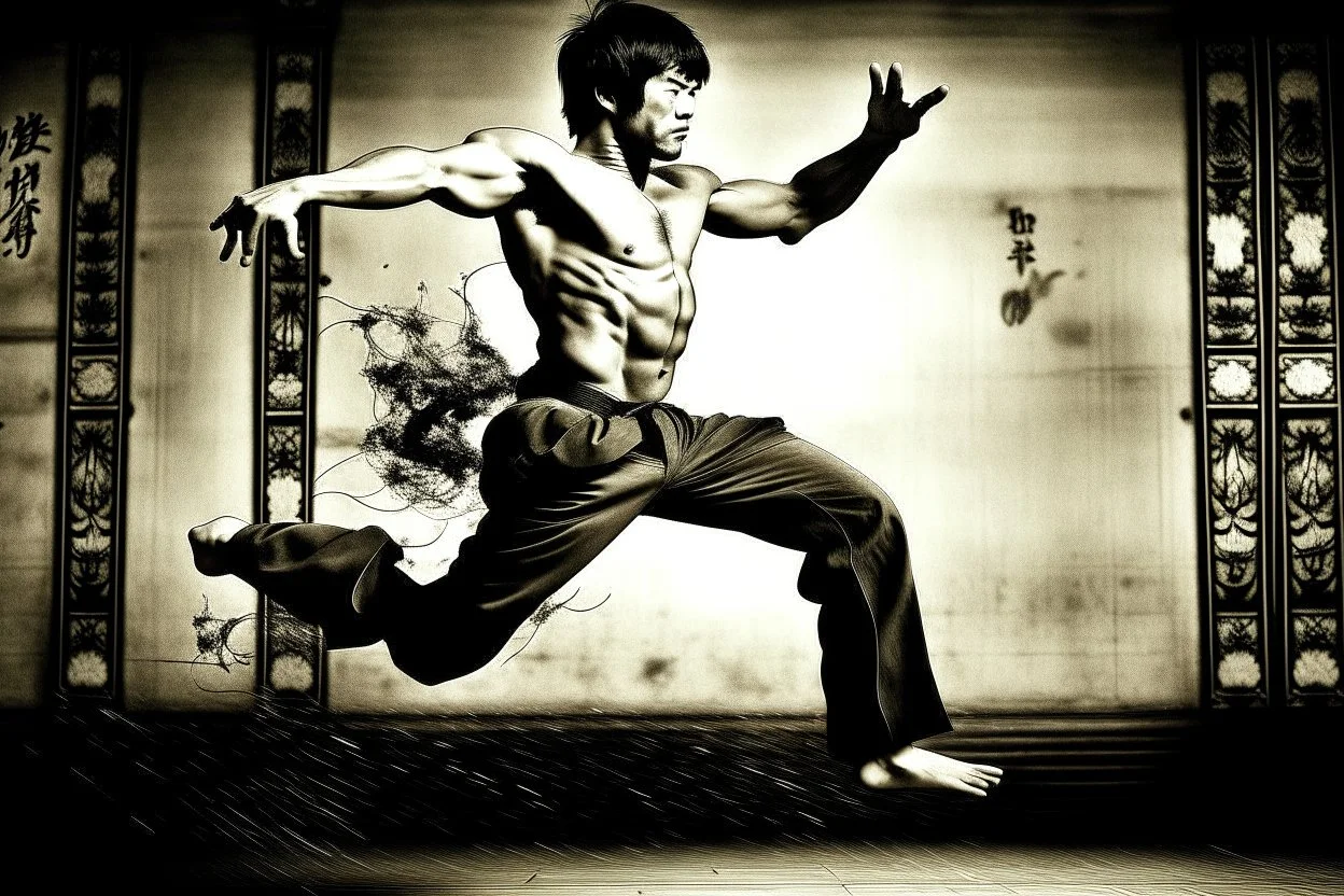 bruce lee,photo realism,in,his,prime,doing,flying,kick