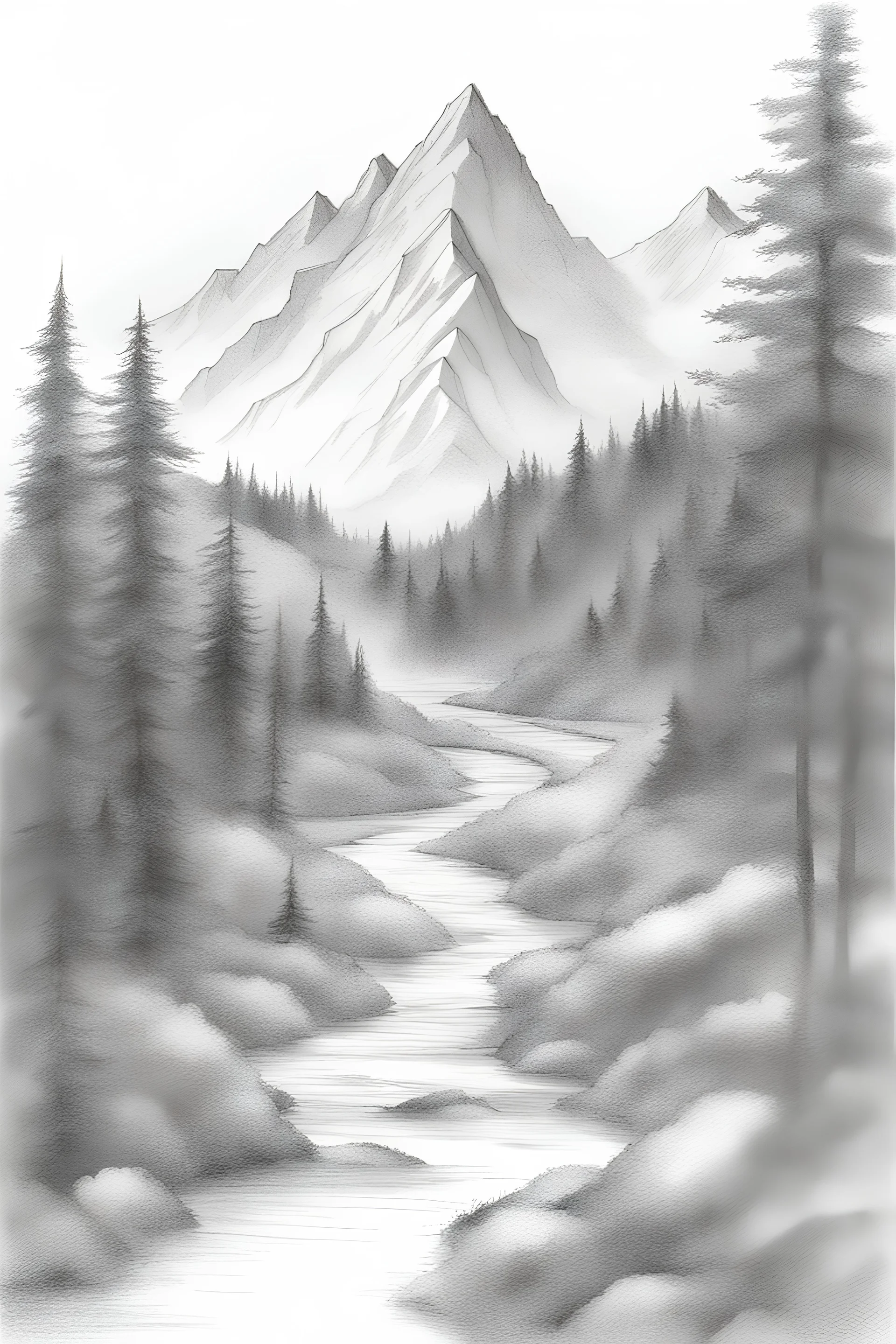 /imagen prompt paisaje de montaña simple a lápiz de grafito --2:3--v4