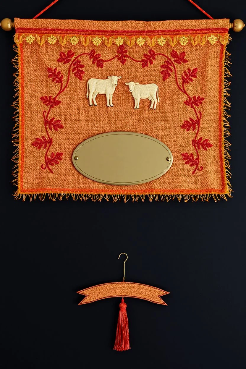 an autumn colored textured cloth banner hanging with embroidered ornamental leaves and cows, small blank oval brass engraving plate in upper middle, banner is downward pointed bottom, on dark background