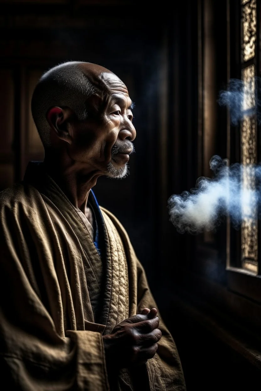 insence smoke,upper body, Shirokai was raised in a secluded monastery, where the tiger monks devoted themselves to the study of ancient martial arts and the pursuit of inner peace. He was an orphan, brought to the monastery's doorstep as a baby, and the monks raised him as one of their own. photorealism, depth of field, lightrays, downligh, anime