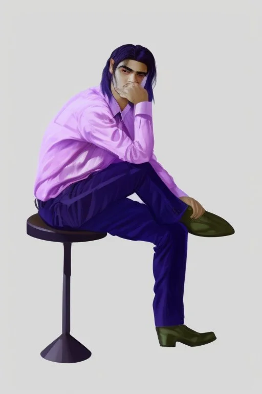 A guy with black hair, sitting on a chair, wearing a beautiful white shirt with pleats. in trousers with pleats