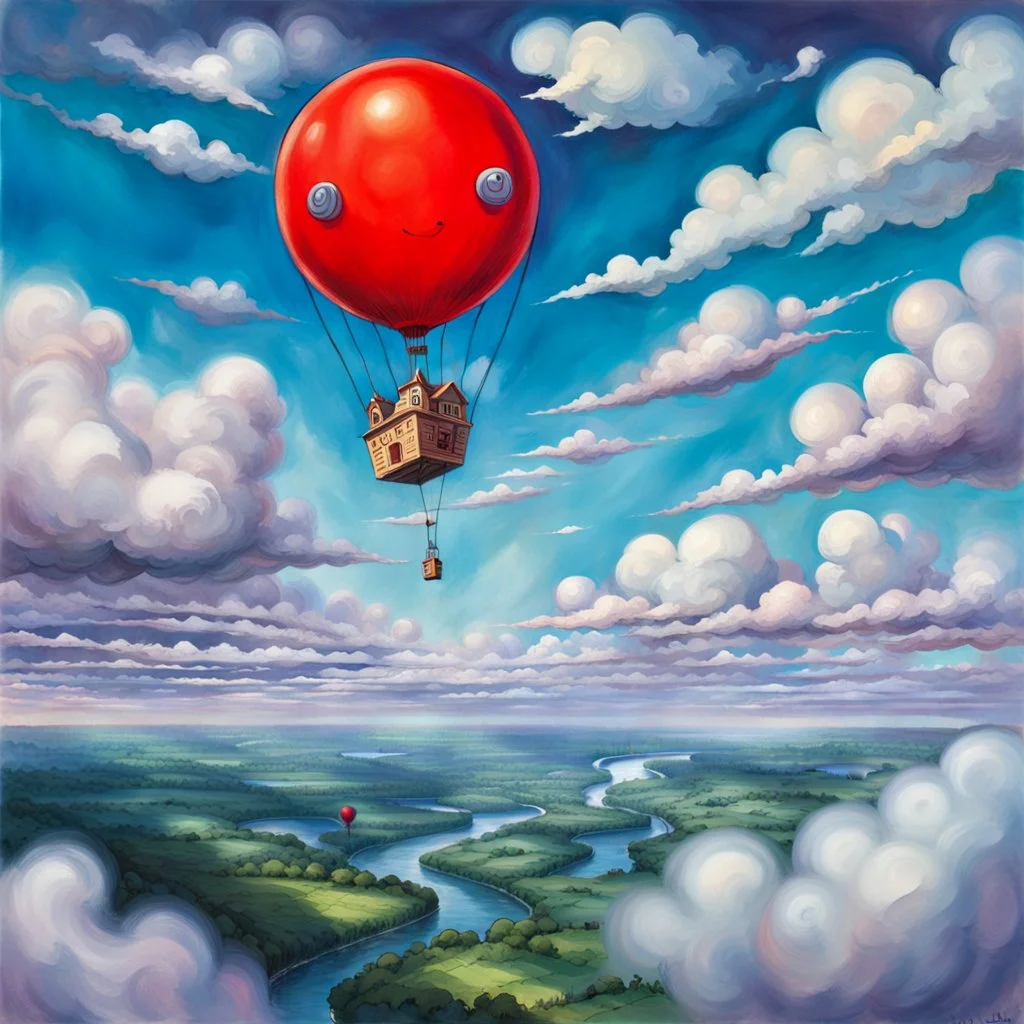 fantasy 90's tcg art of a red balloon creature with a strange face floating in the daytime sky with clouds