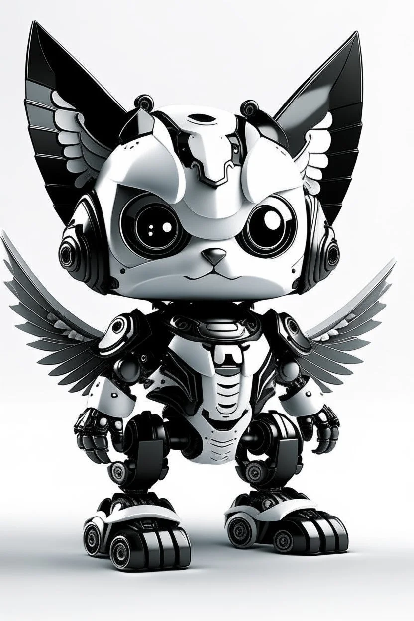 little cat robot black and white with warrior armour and wings of steel, cartoon model fashion