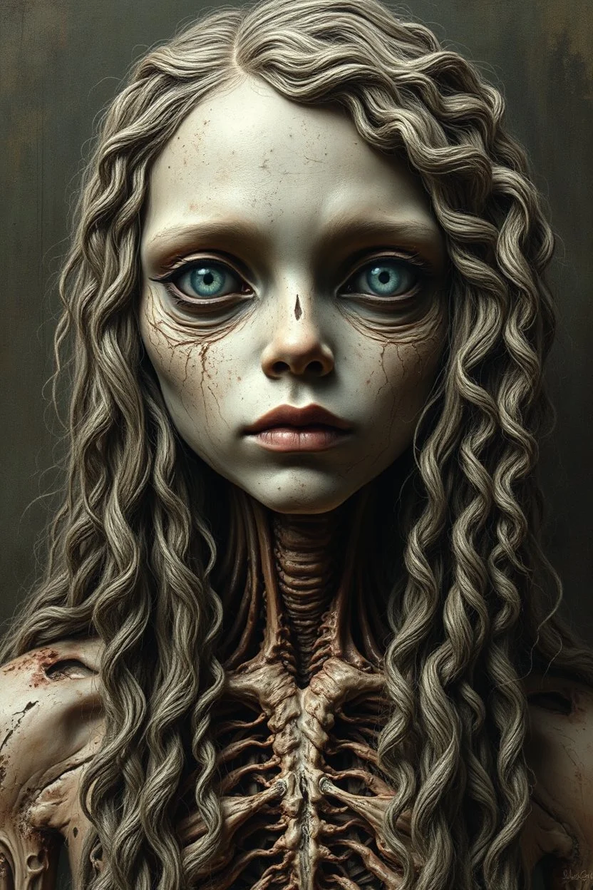 A beautiful girl with long curly hair , half the body , front view . decayed and rotting with grotesque proportions and imagery. grotesqueries, detailed texture, surreal horror, biomechanical design, by hr giger and beksinski