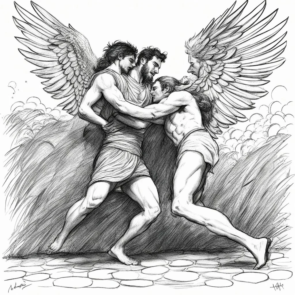 [a chaotic pen sketch with a lot of strokes in stippling] Jacob wrestling with angel