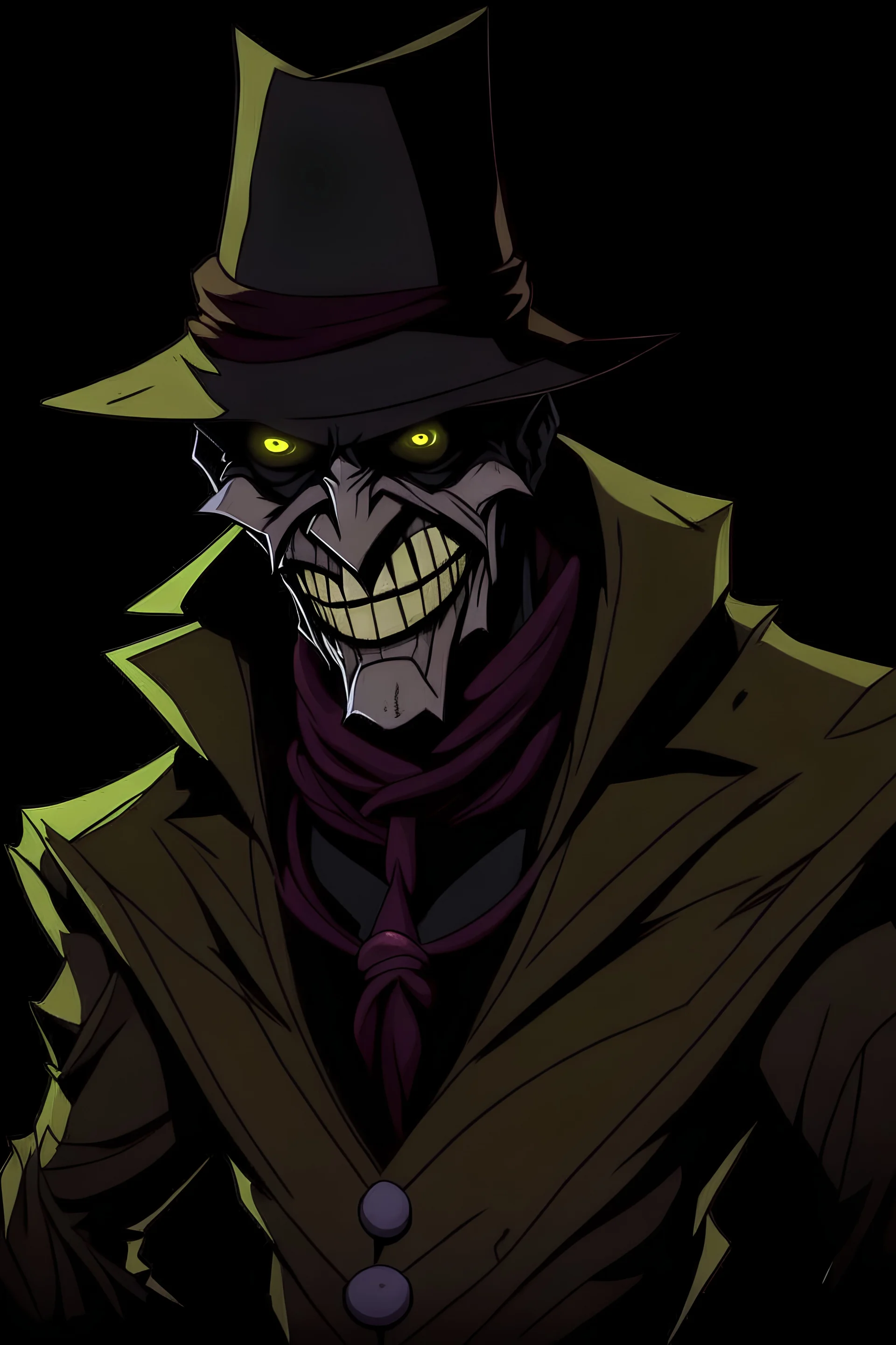 Image of a villain that looks like scarecrow and batman with purple eyes.