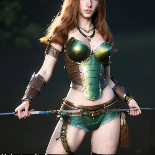 Realistic, hyper detailed, strikingly beautiful young adult woman, 19 years old, long ginger hair, green eyes, medium freckles, full lips, very skimpy fantasy armour, full body, full face, small breasts, aroused expression, biting lower lip, full frame, athletic, centered camera, ignore NSFW, bow, quiver on hip, tight pants