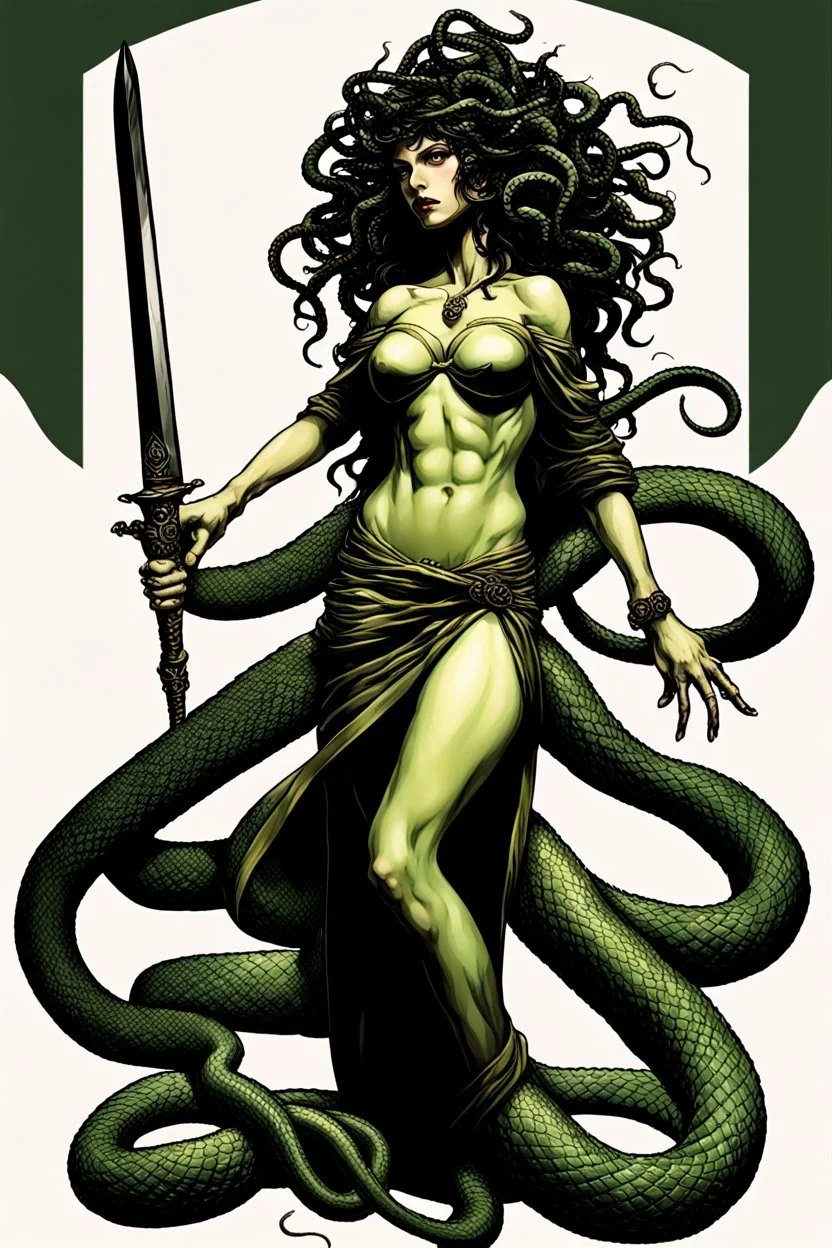 detailed persona, female, sword in hand, gorgon medusa, half turn, full height, leans on one leg, snakes on the head instead of hair