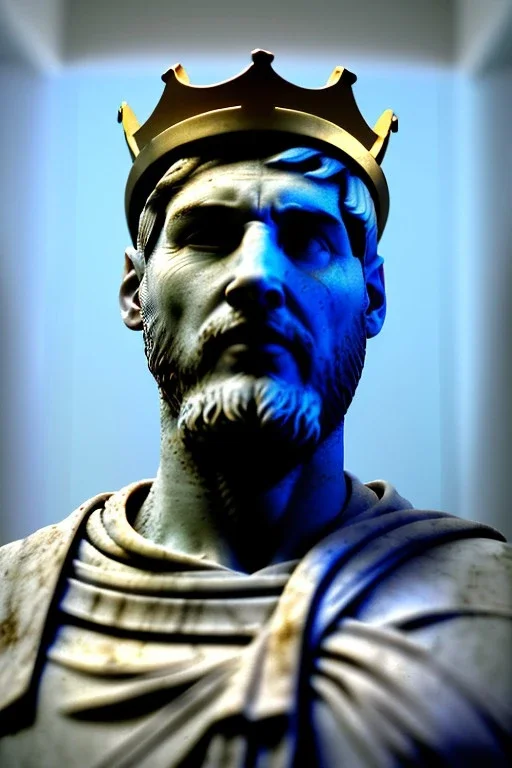 Ultra Realistic image, Roman sculpture, white marble material, Lionel Messi, gold crown of natural thorns, god crown, Miguel Angel style, sun rays background, waist up portrait, epic, celestial, cinematic lighting, God lights, 4k resolution, smooth details, soft lighting, unreal engine 5, art station, substance 3d.