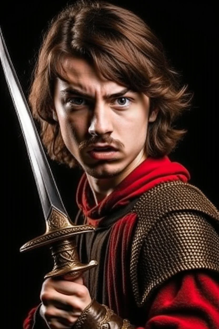 european brown hair young adult royal guard swordsman with rapier scary face screamer