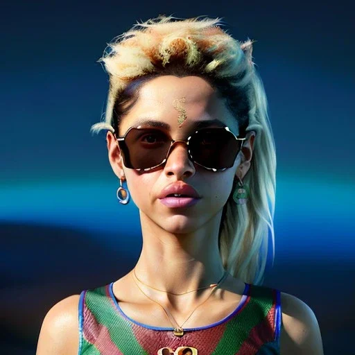 Shakira, artist, 30 years old, Realistic image, waist up portrait, etro style dress. Gucci sunglasses. loose long hair, eyes make up, perfect, glow, circle iris. concept art, smooth, unreal engine 5, god lights, ray tracing, RTX, lumen lighting, ultra detail, volumetric lighting, 3d, finely drawn, high definition, 4k.