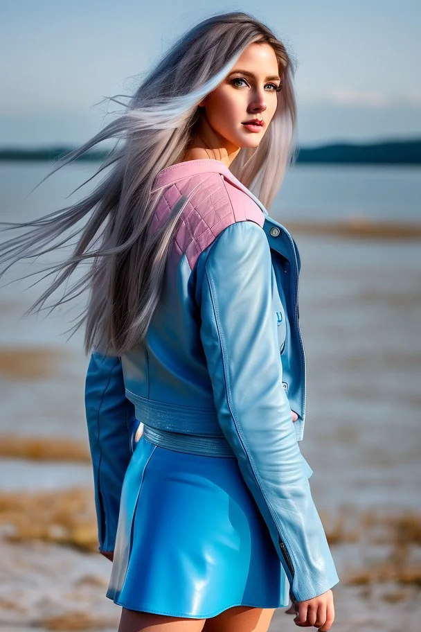 half body shot,realistic portrait of a 20-25 old caucasian model, long blue pink flowing hair, great grey eyes, blue leather jacket,full body, short white skirt,long legs,standing at beach of very nive lake with sunset ,clouds,godrayes