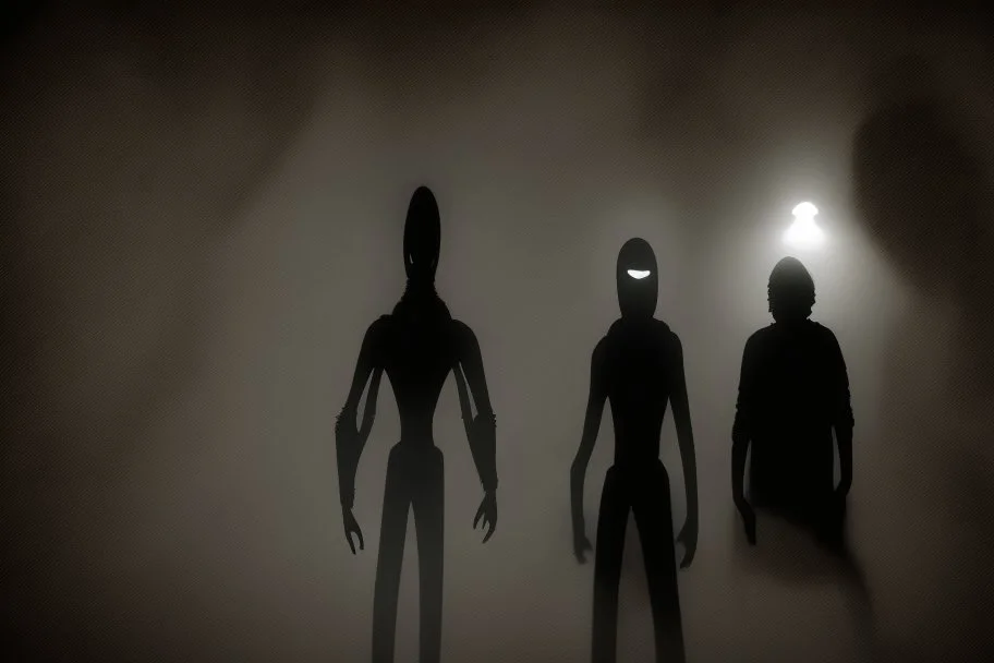 reunion de 3 grandes sombras humanoides en una sala obscura