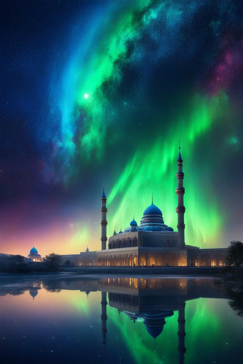 the night sky turned from the galaxy, space, futuristic Islamic Mosque surrounding ethereal space, cosmos,Aurora colors,water, panorama. Palace , Background: An otherworldly planet, bathed in the cold glow of distant stars. gloomy landscape with l dramatic hd highlights detailled