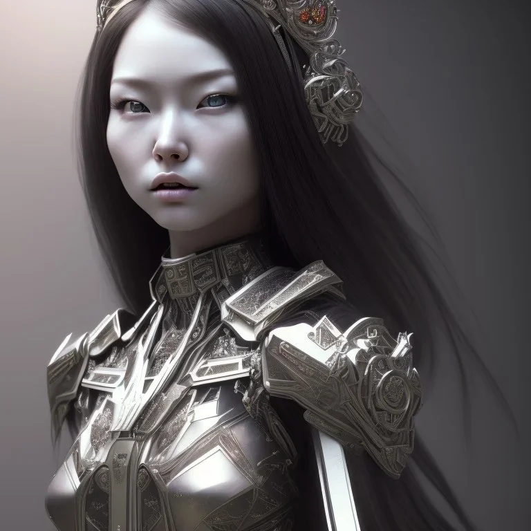 hitomi tanaka, long black hair, bionic face, Unreal Engine 5, highly detailed, highest quality, digital painting, complex 3d render, unreal engine render, insane detail, intricate photograph quality, magnificent, majestic, highly intricate, Realistic photography, grand hall, wicked throne, holding scepter, crown of barbwire, dark color palette, metallic, highly detailed, highest quality, digital painting