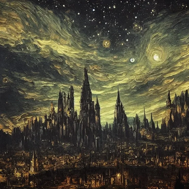 gothic painting of a city in a fantasy starry night photorealistic