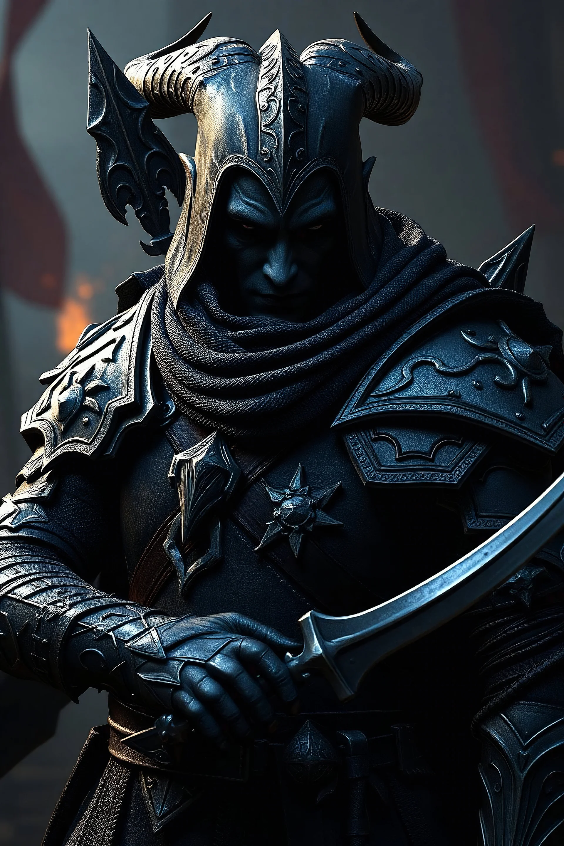 drow male knight, d&d character art masculine features, with daggers light armour and a bow, deep coal-gray skin, 8k, 3d cgi, unreal engine 6, high detail, intricate, cinematic battle background