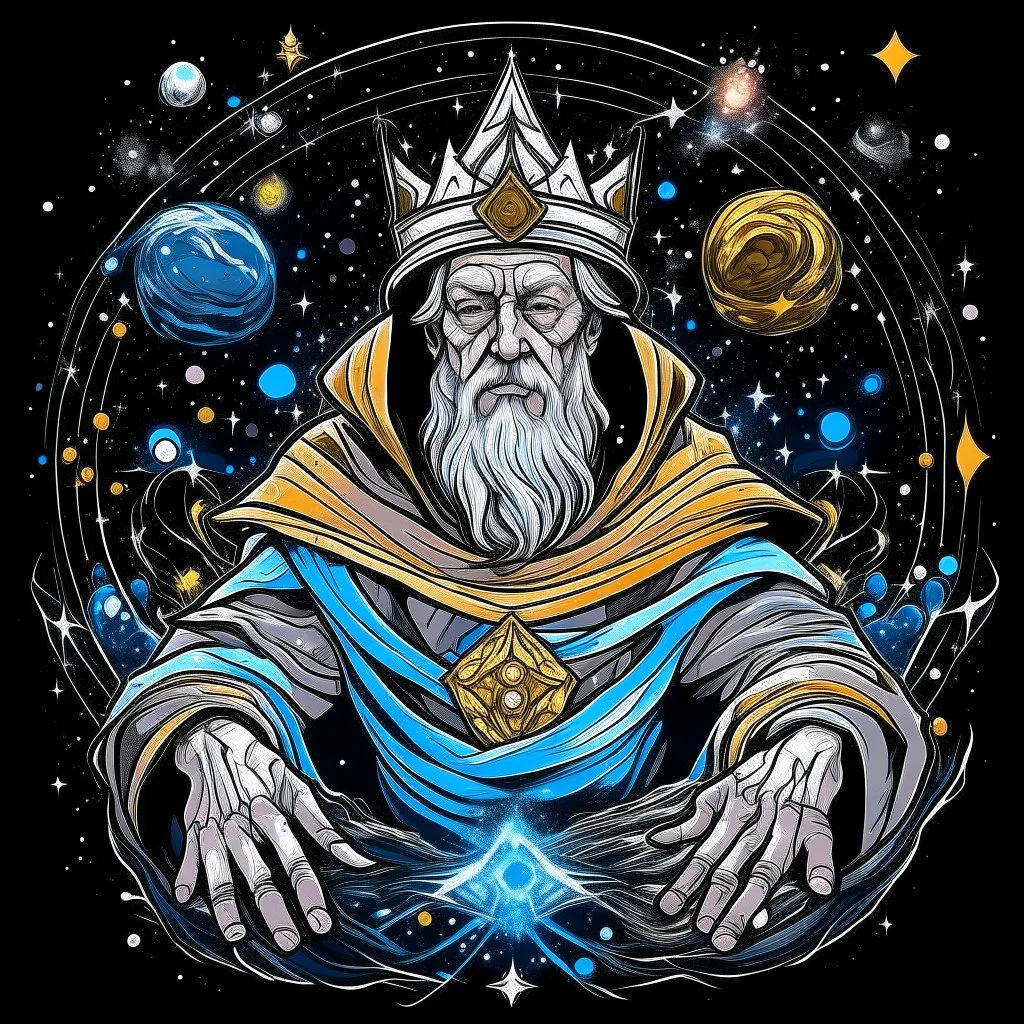 God-like man with infinite power who owns the galaxies and wears a beautiful crown, welding of diamonds and galaxies with weapons.