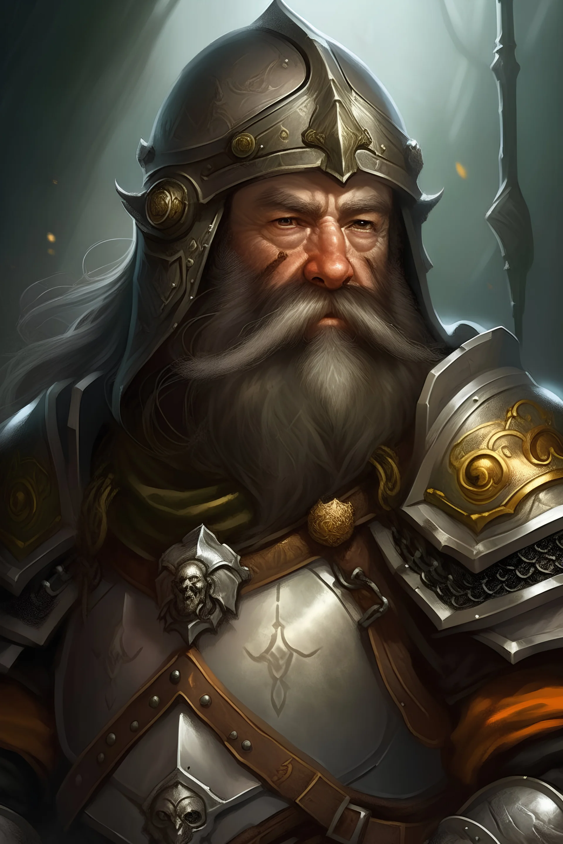 dnd, fantasy, high resolution, a bearded young dwarf cleric within Mithril heavy armor, portrait, helmet on,