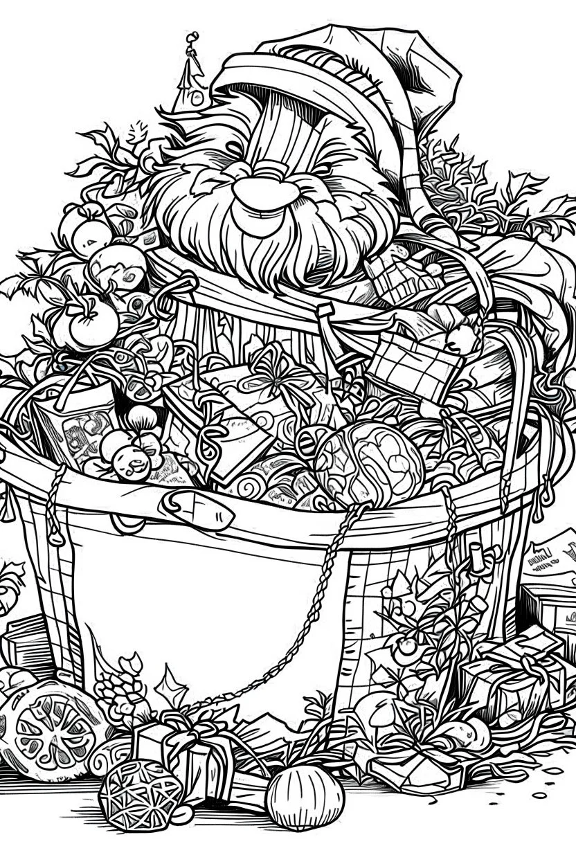 Christmas coloring page of Santa's magical gift bag overflowing with toys, ready to be delivered. a bold ink line sketch drawing illustration.