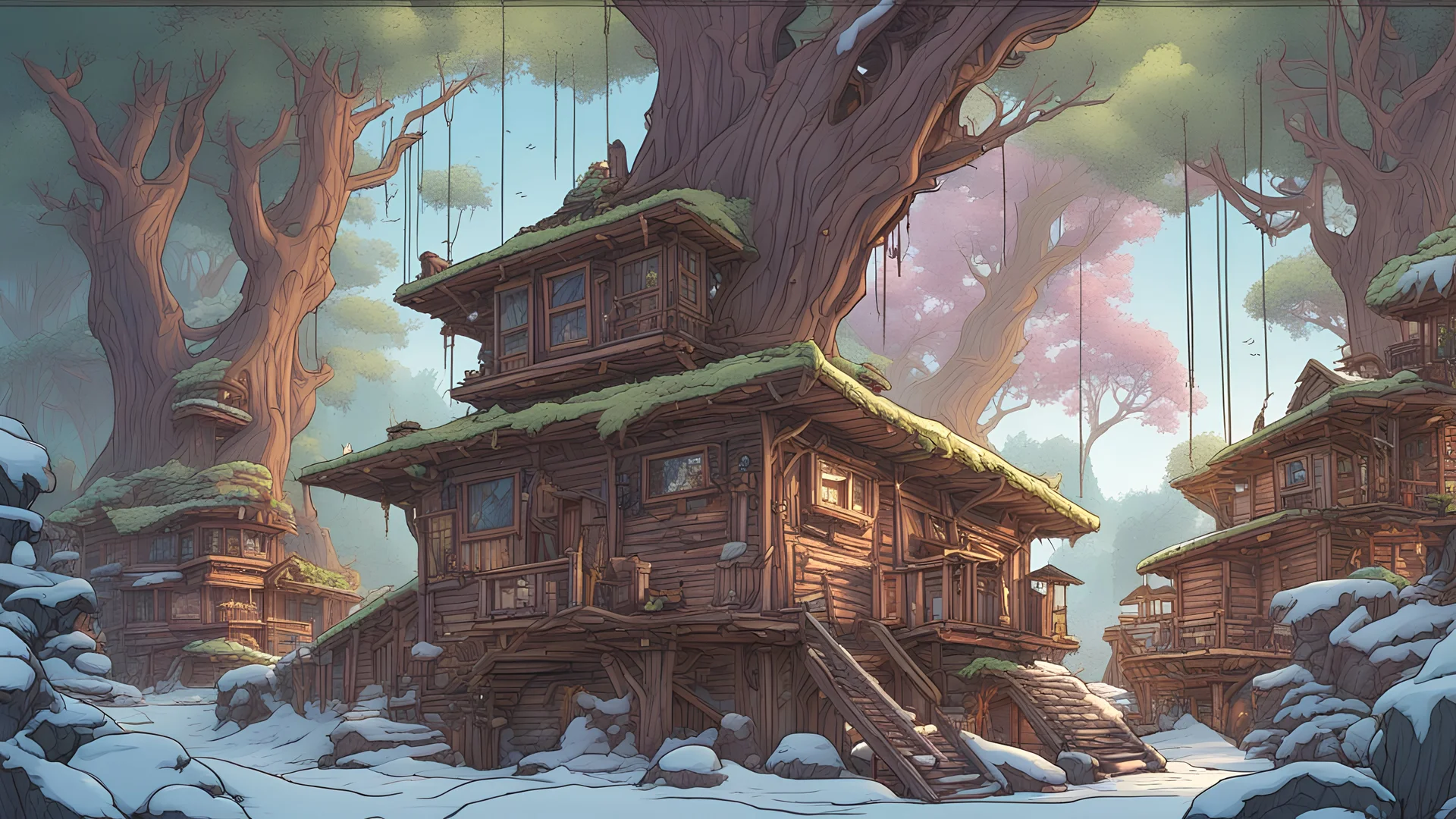 comic style, holistic, Wooden city in the jungle, under the snow, 4k, very detailed, colorful