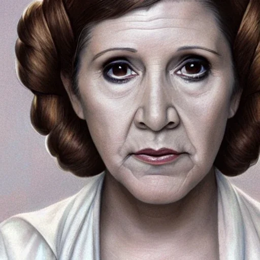 [[extrem stunning photorealistic carrie fisher as princess leia in star wars]] :: [[photorealistic brown eyes, symmetrical short hair, head and shoulders portrait, 8k resolution photorealistic portrait by Greg Rutkowski, WLOP, hyperdetailed, intricately detailed, triadic colors]]