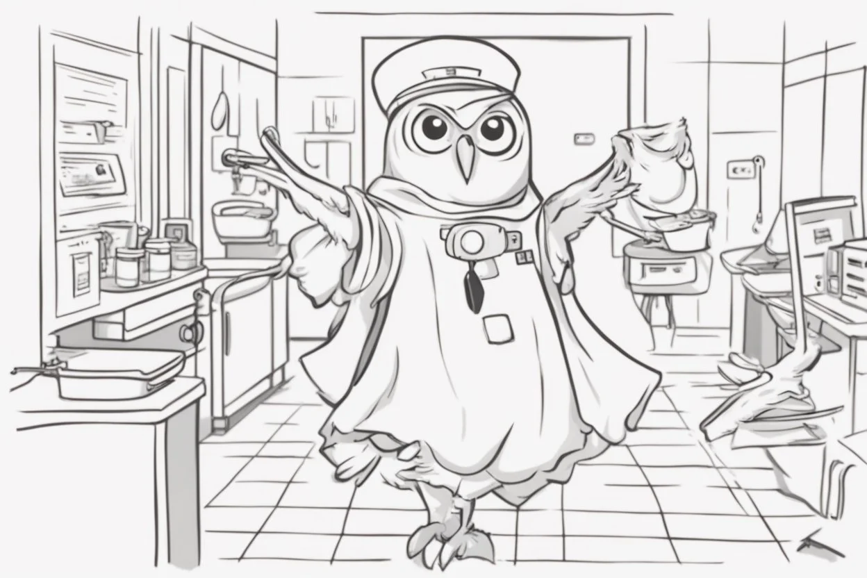 owl nurse in nurse's costume dances in a hospital room while dynamically dispensing pills upwards