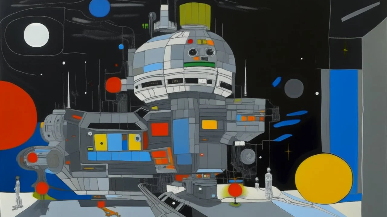 A gray space station in a galaxy painted by Stuart Davis