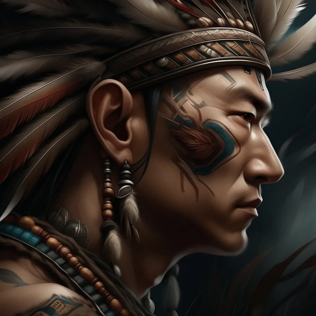 masterpiece, side portrait of a chinese barbarian warrior, war paint, feather hair ornaments, feather earrings, tribal necklaces, closeup portrait highest definition, HD32K, wallpaper, hyperdetailed, mythp0rt