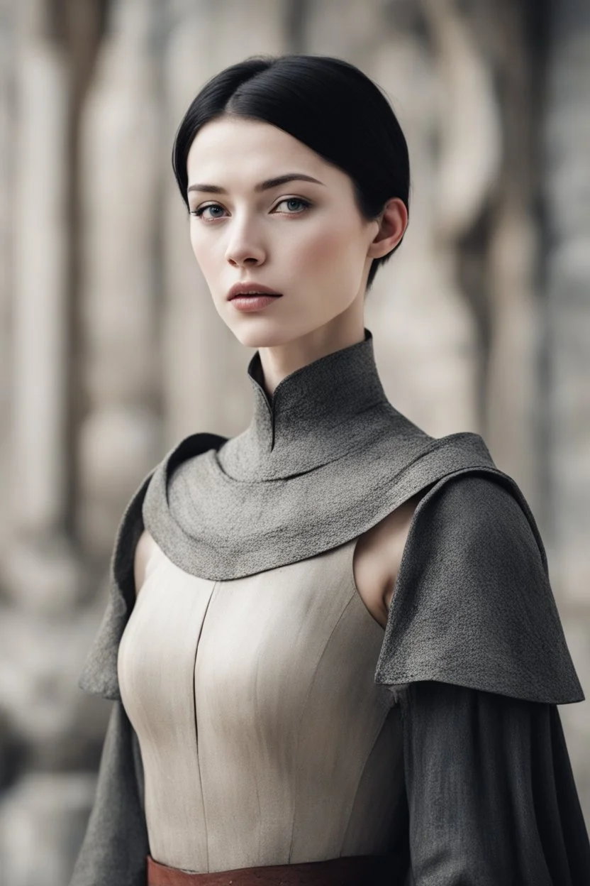 Scandinavian athletically built medieval woman with black short hair, pale skin, pretty lips