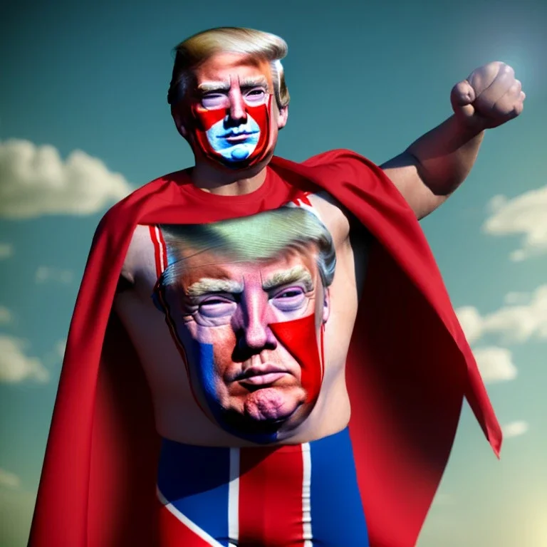 realistic image of donald trump as a mexican wrestling fighter posing outdoors, with mexican mask painted on the face, red and blue breeches, confederate flag cape, naked torso, retro style, 80s, vibrant color, highly detailed, sky background, concept art, unreal engine 5, god rays, ray tracing, RTX, lumen lighting, ultra detail, volumetric lighting, 3d, finely drawn, high definition, high resolution.