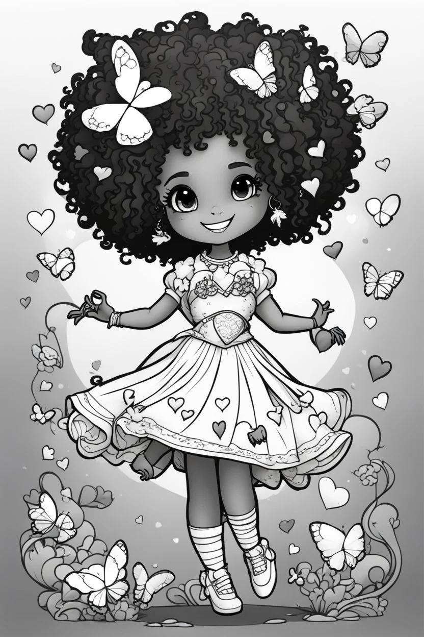 create a coloring page of a chibi girl with a curly afro ponytails dancing around hearts and butterflies. she smilies while shes playing, black and white