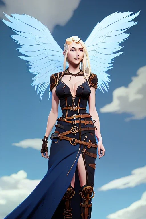 blue sky clouds, blonde steampunk angel in a flowing gown, majestic