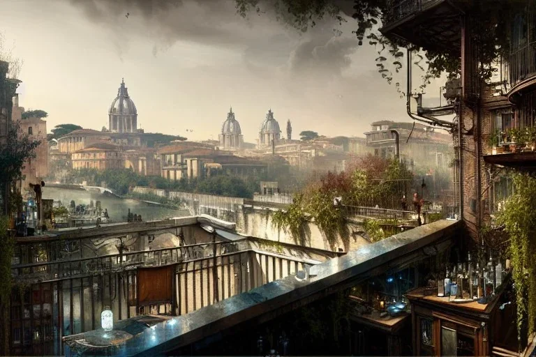 Tevere+river+Bar on garden rooftops +Rome mixed new york +Skyscraper +steampunk+biopunk+alphonse mucha, greg rutkowski,matte painting, cryengine, hyper detailed, felix kelly, fantasy art, seb mckinnon