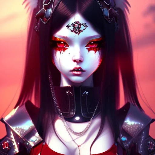 anime girl, long black hair, red eyes, grunge style, chains, armor, feathers, HD, intricate detail, 8k resolution trending on Artstation Unreal Engine 5