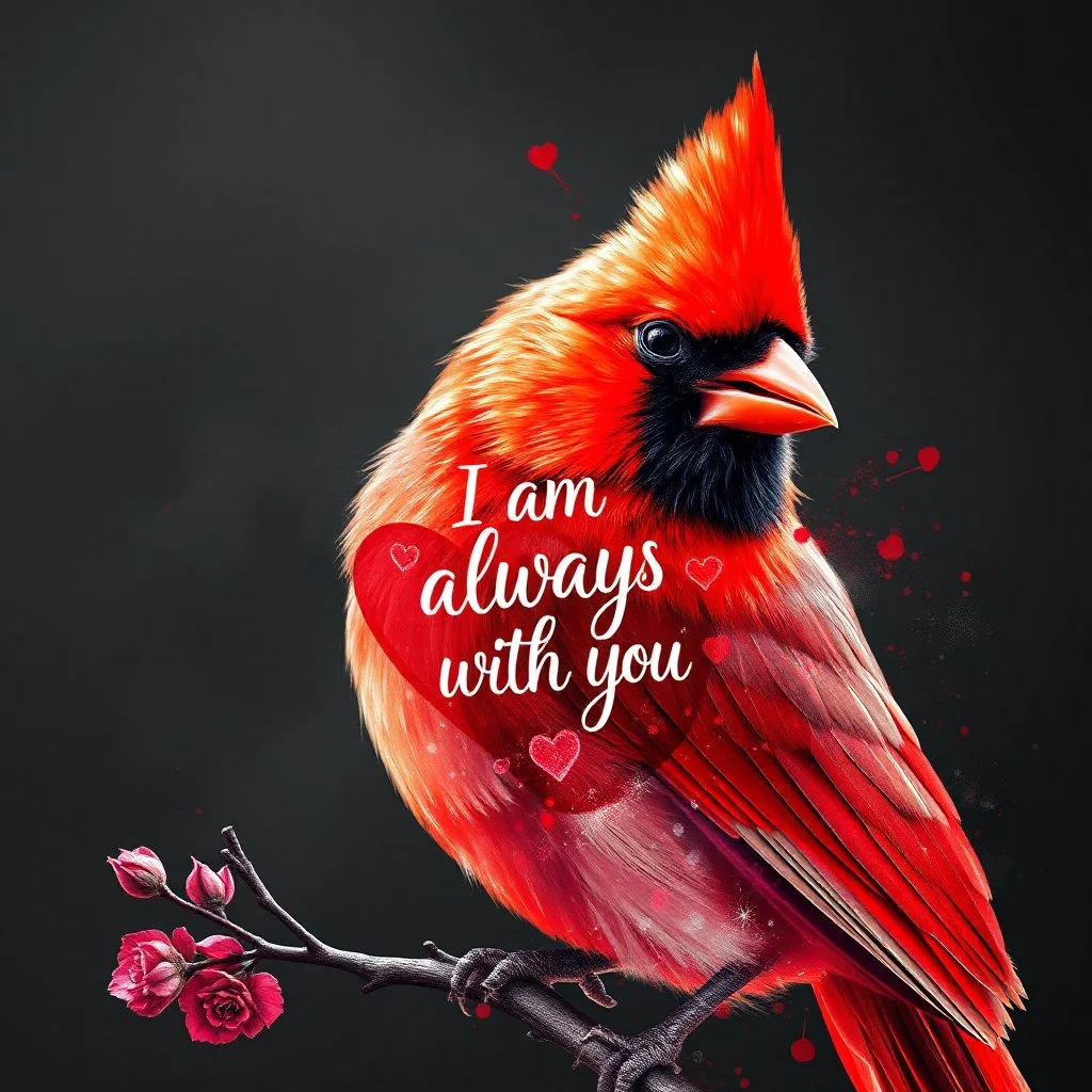 Bing: a vibrant digital chalk sketch painting featuring a double exposure image of a beautiful majestic red cardinal, ultra-detailed, within the body of the cardinal is a heart with the words "I AM ALWAYS WITH YOU" in a beautiful script