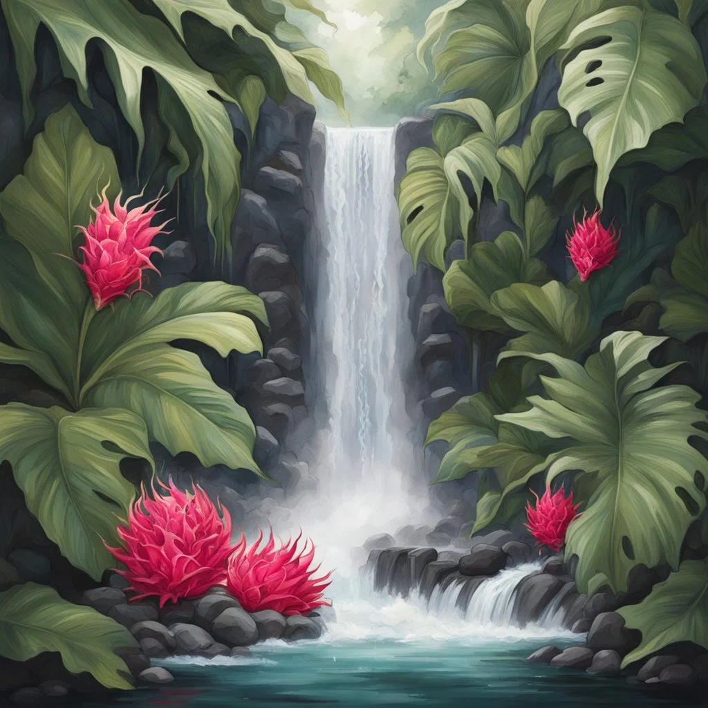 Separate waterfall with tropical leaves and dragon fruit