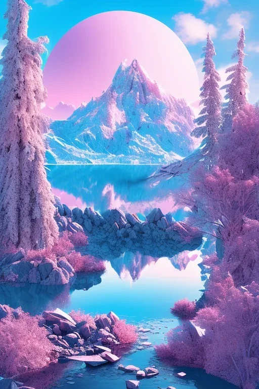  mountain topped with pink ice-cream, lake, trees, mystical, Dada,