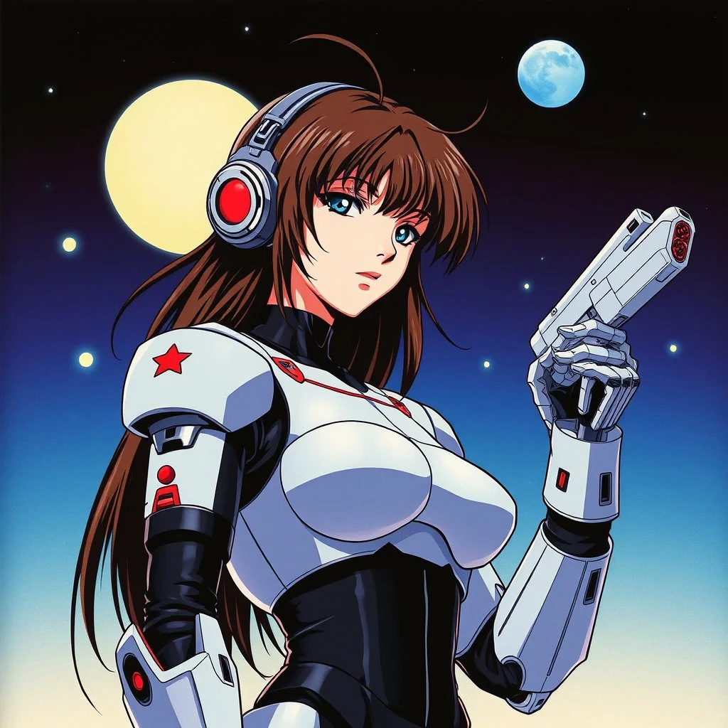 retro anime style, serious 1990s OVA anime style,Best quality, masterpiece, ultra high definition,Highly detailed 1 girl, retro anime style, full color, dark serious 1980s, robot, moebius artist, cybernetic arms, ghost in the shell