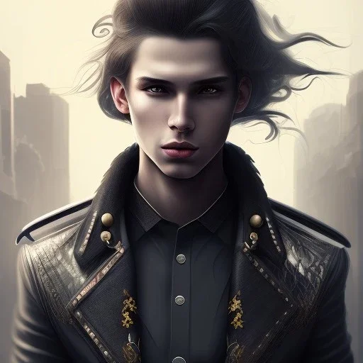 Male, Human, dark long hair, Black Eyes, Young, Photorealism, Full Body Shot, City Background, sharp focus, dark, black, steampunk