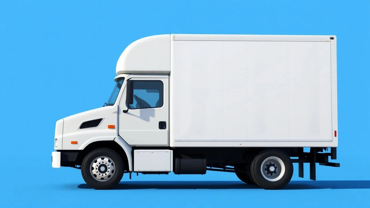 side profile of a white generic North American medium commercial truck with oversized cube box, blue background, Pixar comedic