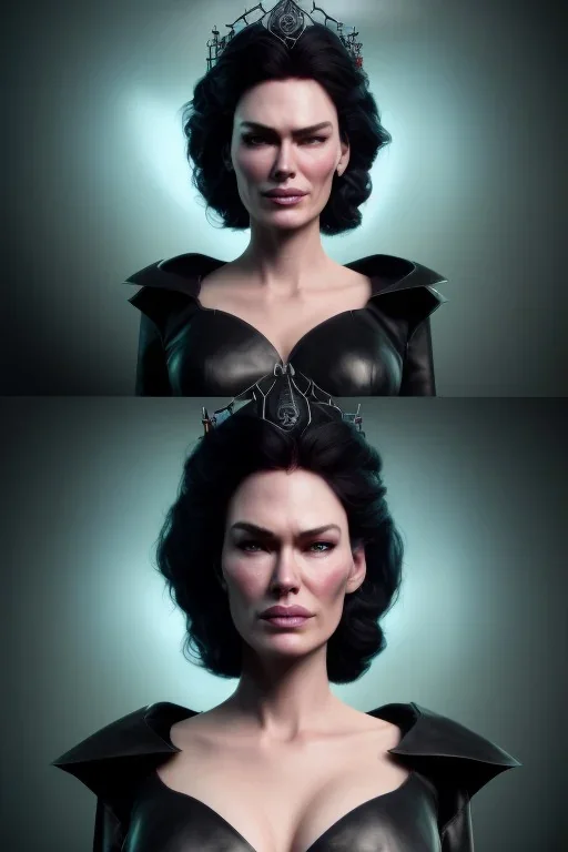 Lena Headay as evil queen in black leather, busty, cleavage, voluptuous, Aqua Lene, angry, stern look. character design by cory loftis, fenghua zhong, ryohei hase, ismail inceoglu and ruan jia. unreal engine 5, artistic lighting, highly detailed, photorealistic, fantasy