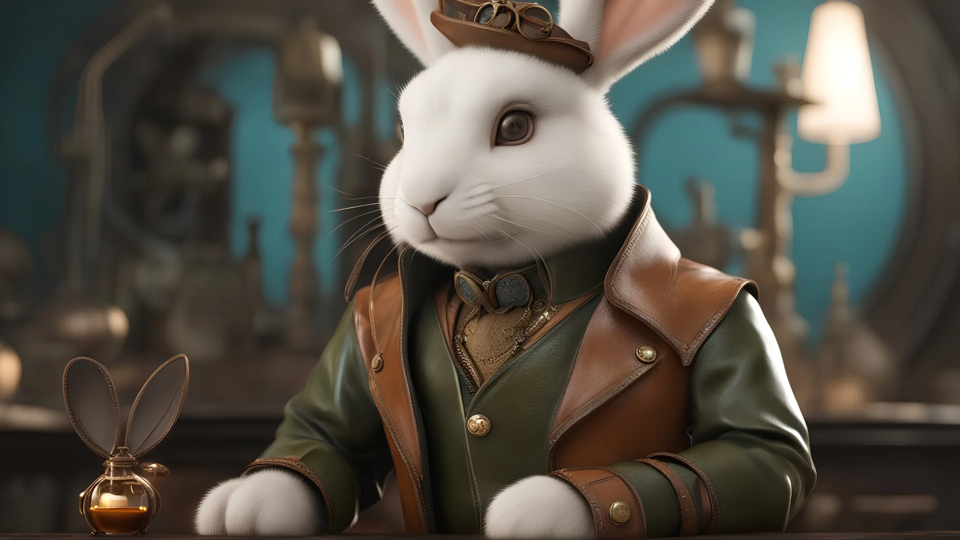 High-end HYPEREALISM STEAMPUNK craftwork CLOSEUP of NATURAL HAPPY FLUFFY white mischievous SMILING Rabbit wearing absolute PERFECT leather clothes, cinematic-quality photography,Olive green metallic blue aesthetics with honey brown pure leather clothes, Art Nouveau-visuals,Vintage style with Octane Render 3D technology,(UHD) with high-quality cinematic character render,Insanely detailed close-ups capturing beautiful complexity,Hyperdetailed,Intricate,8K