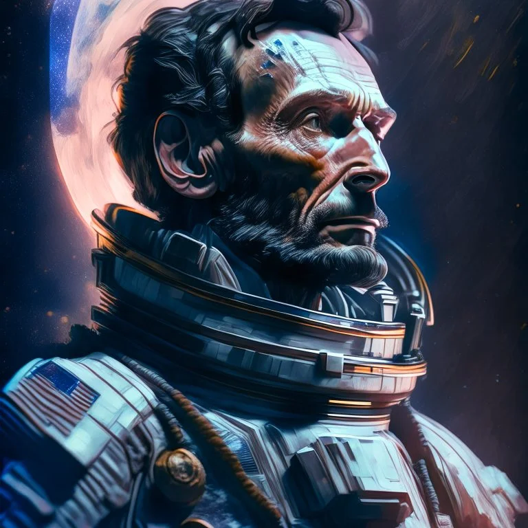 Portrait of Abraham Lincoln in a space suit in the style of Jim Lee and Paul Hedley, Gabriel Testino, 8k, cinematic, ultra hd, sharp focus