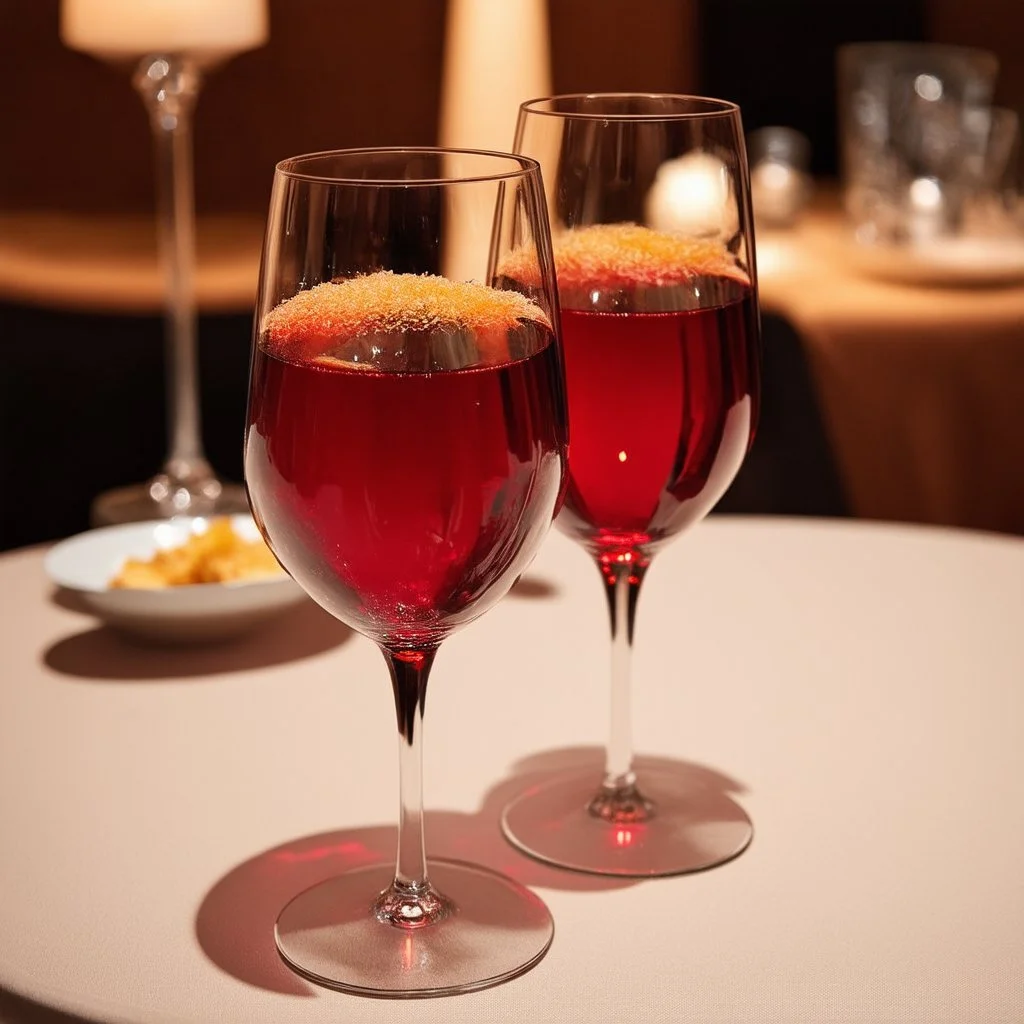 a table showing two wine glasses, red hues, romantic vibes