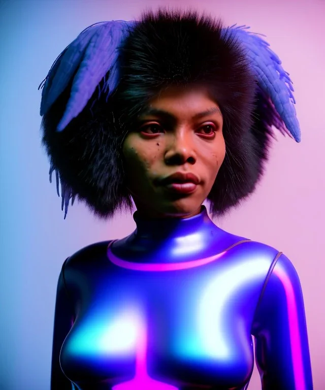 Artist, young tina turner, android woman, sweet, clean skin, afro hair, circuits, ghost in the shell, latex coat, feather, cyber punk, neon, bamboo, blood, portrait, studio photo, unreal engine 5, soft color, 16 bit, god lights, ray tracing, RTX, lumen lighting, ultra deatail, volumetric lighting, 3d, finely drawn, hd.