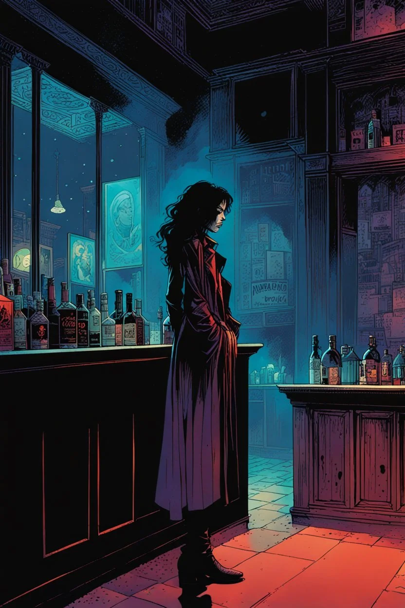 create a hardened, vampire girl, tending bar in a seedy Soho jazz club, in the comic book art style of Mike Mignola, Bill Sienkiewicz and Jean Giraud Moebius, , highly detailed,, grainy, gritty textures, , dramatic natural lighting