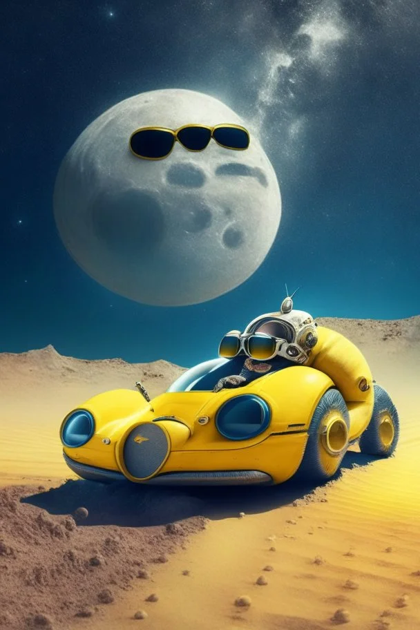 a banana driving a bugatti on the moon while wearing sunglasses